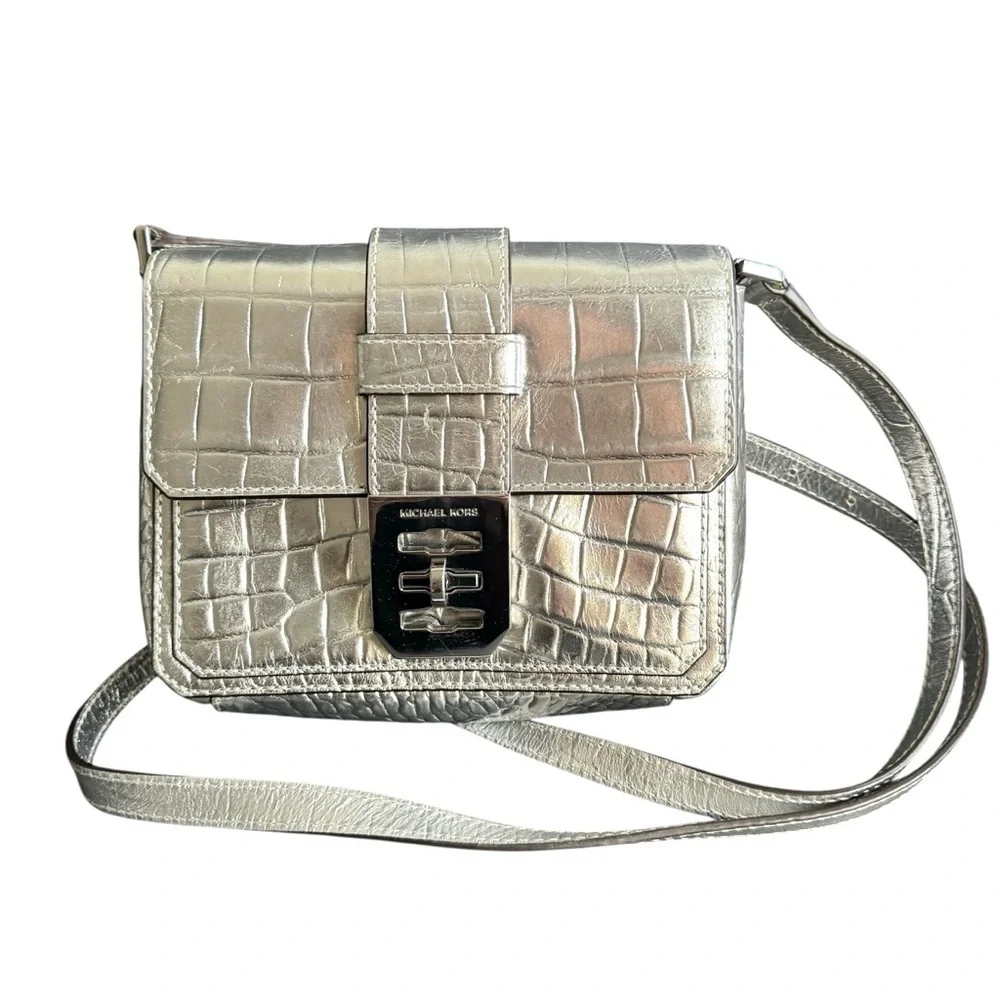 Michael Kors Silver Croc Embossed Crossbody Bag Mila Purse‎ Metallic Crocodile